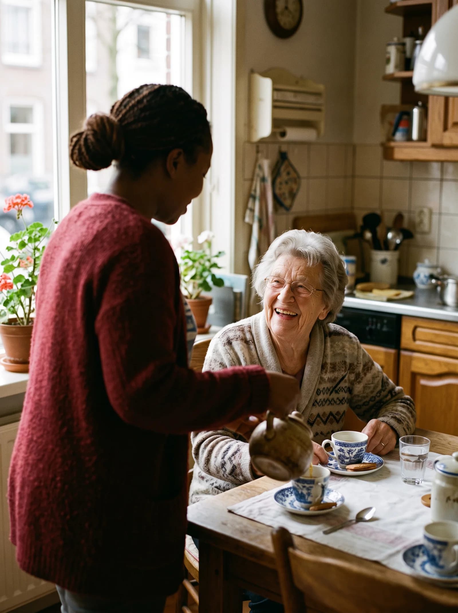Zorgverlener en oudere vrouw lachen samen aan de keukentafel